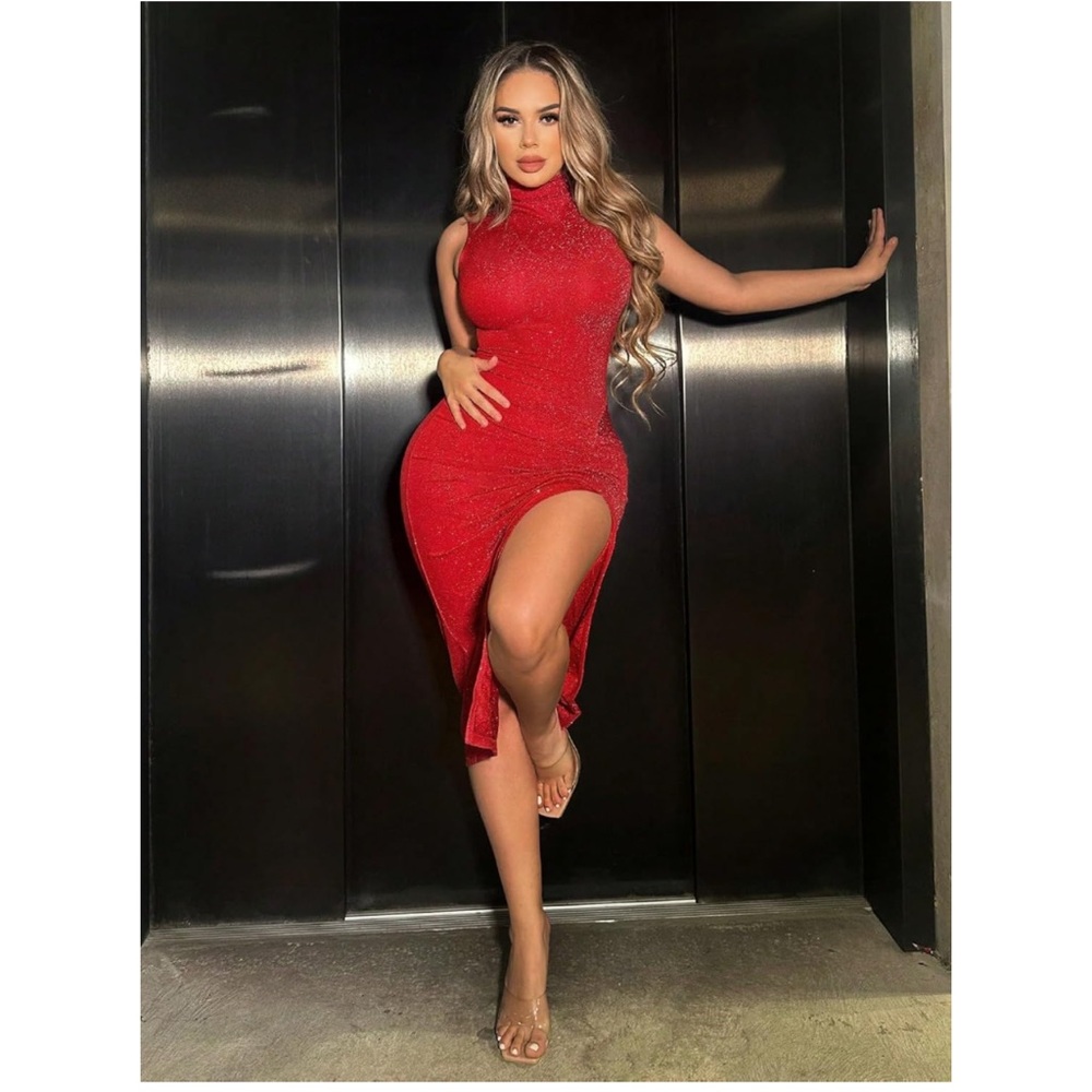 Vibrant Red Bodycon Cocktail Glitter Party Dress with High Slit Large